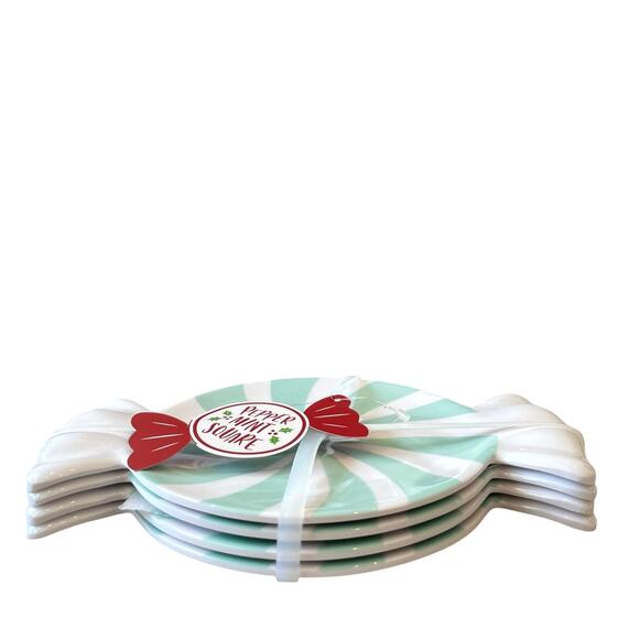 Peppermint Candy Shaped Appetizer Plate Set of 4 Holiday Mint & White Melamine - Picture 4 of 15